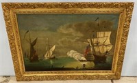 19th Century Untitled "Ships in Battle" Oil Pain