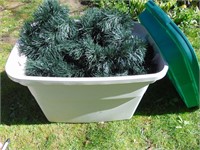 LARGE LOT - GREEN GARLAND, LIGHTS WITH TOTE BIN