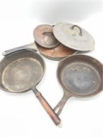 (3) Cast Iron Skillets and (2) Lids (no brand