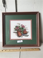 Vintage Framed Cross Stitch Flowers Flower Pot