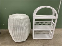white Wicker shelf and hexagon side table