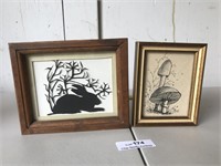 2 Small Framed Custom Art Pieces Mushroom Rabbit