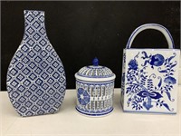 (2) Blue Floral Porcelain vases & lidded container