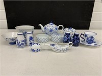 Porcelain cup & saucer, teapot, salt & pepper