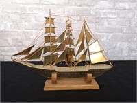 Metal 3-Mast replica ship model on stand.
