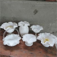 Fenton Milk Glass Ruffled Edge, Hobnail, Daffodil