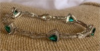 Sterling Silver Bracelet w/ Green & White Stones