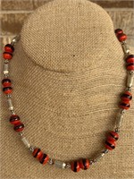 Sterling Silver Necklace w/ Red Glass Beads