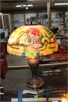 Vtg Table Lamp w/ Painted Glass Shade. Heavy Base