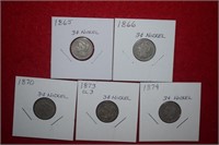 (5) Three Cent Nickels 1865 to 1874 Mix