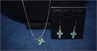 Sterling Silver Chain & Cross w/ Turquoise and