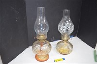 Two Glass Oil Lamps w/Hurricane Shade