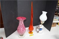 Two Colorful Vases & Milk Glass Lamp