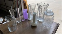 DIFFERENT GLASS FLOWER VASES AND PICTURE FRAME