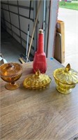 2 CANDY DISHES, 1 DECORATIVE ITEM, & A BUTTER