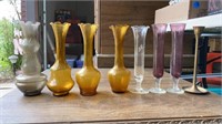 7 THIN GLASS VASES & 1 METAL CANDLE HOLDER