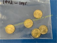 5 Jefferson silver nickels 1942-1945