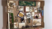 Flat of Costume Jewelry, Hat Pins Watches, & More