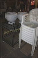 8 PLASTIC PATIO CHAIRS, METAL CART WITH GLASS