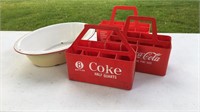 Three vintage Coca-Cola plastic carriers and
