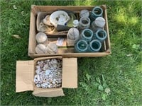 Assorted jars, wood box, seashells