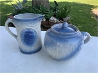 Blue stoneware milk pitcher and baked bean pot