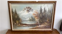 Beautiful framed oil on canvas mountain painting