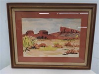 Framed, initialed watercolor desert landscape