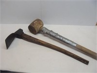 Antique Grub Hoe and Wooden Post Maul