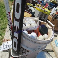 BUCKET W/BASKETBALL, GOLF BALLS, HOCKEY STICKS