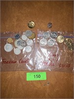 BL- FOREIGN COINS,  (7) $1 COINS, US LAPEL PIN