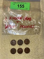 1 INDIAN HEAD PENNY, 4 WHEAT PENNIES