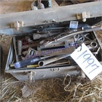 TOOL BOX W/VISE GRIP. PIPE WRENCH, CRESENT WRENCH