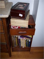 WOOD NIGHT STAND WITH CONTENTS