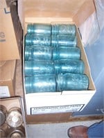 8 BOXES OF FRUIT JARS WITH SEVERAL BLUE & GREEN
