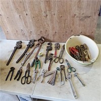 Enamel Pan, Pruners, Pipe Wrenches, Misc Pliers