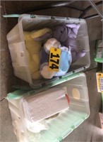 (2) Plastic tubs of stuffed animals, slippers