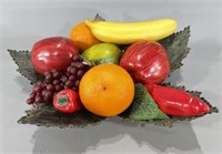 Faux Fruit in Metal Leaf Bowl