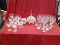 Crystal candy dish, wine glasses, marbles