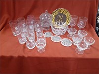 Crystal candy dish, glass cups,