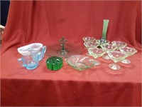 Green glass, serving tray, vase, cups, blue glass