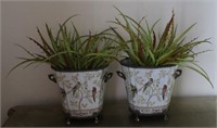 Pair matching Oriental planters w/ plants