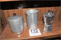 (2) Metal Antique Pitchers & Metal Container with