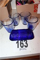 (4) Blue Glass Cups & Blue Glass Butter Dish