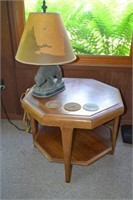 Octogon Wooden Side Table w/Bear Lamp