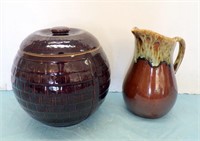 BROWN POTTERY COOKIE JAR & PITCHER