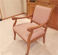 VINTAGE OAK ARM CHAIR W/APPLIQUE, UPHOLSTERY