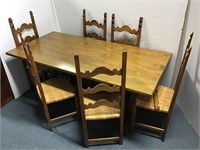 Oak Trestle Table w/ 6 Woven Cane Seat Chairs