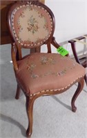 VINTAGE HIP RAIL CHAIR W/CARVING & NEEDLEPOINT....