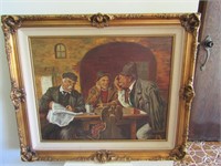 Three men painting on canvas gilded frame 38 x 32
